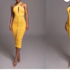 Yellow Ruched Midi Dress